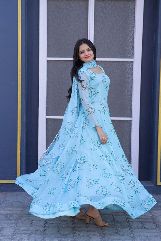Jyoti Fashion Women's Sky Blue Tabby Silk Floral Printed Anarkali Dress with Dupatta | Swadesiicart