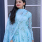 Jyoti Fashion Women's Sky Blue Tabby Silk Floral Printed Anarkali Dress with Dupatta | Swadesiicart