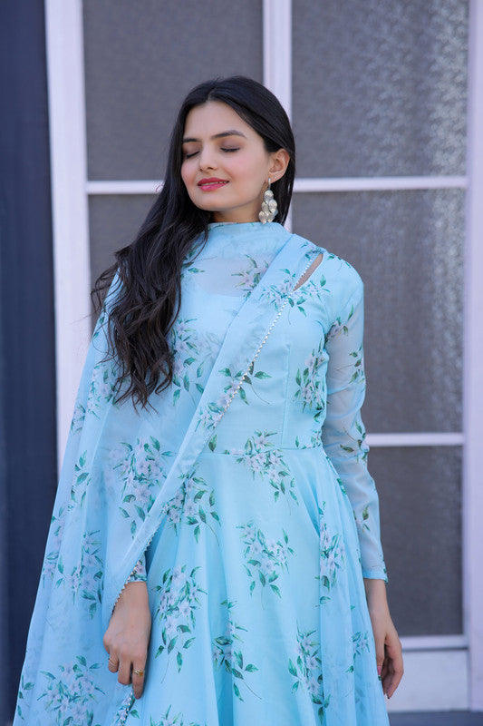 Jyoti Fashion Women's Sky Blue Tabby Silk Floral Printed Anarkali Dress with Dupatta | Swadesiicart