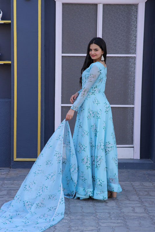 Jyoti Fashion Women's Sky Blue Tabby Silk Floral Printed Anarkali Dress with Dupatta | Swadesiicart