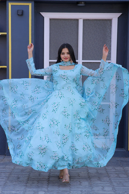 Jyoti Fashion Women's Sky Blue Tabby Silk Floral Printed Anarkali Dress with Dupatta | Swadesiicart