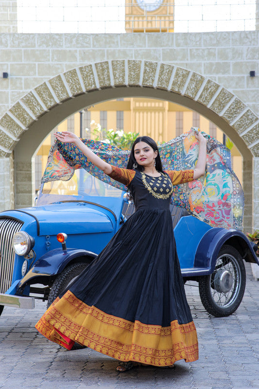 Jyoti Fashion Women's Black Silk Jacquard Weaving with Embroidery Work Anarkali Dress with Dupatta | Swadesiicart