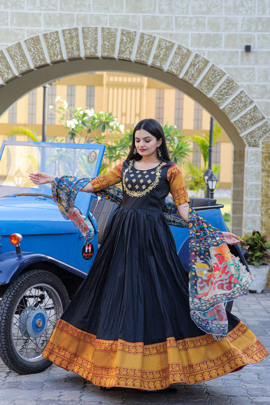Jyoti Fashion Women's Black Silk Jacquard Weaving with Embroidery Work Anarkali Dress with Dupatta | Swadesiicart