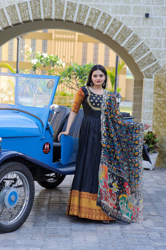Jyoti Fashion Women's Black Silk Jacquard Weaving with Embroidery Work Anarkali Dress with Dupatta | Swadesiicart