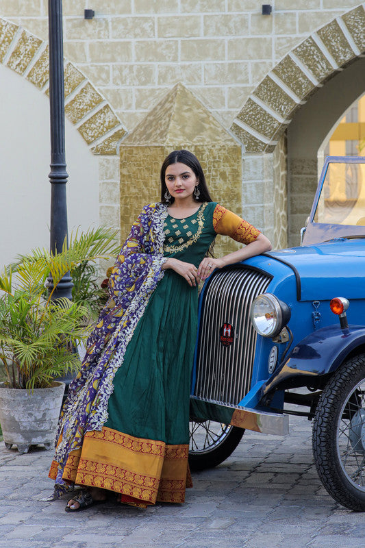 Jyoti Fashion Women's Green Silk Jacquard Weaving with Embroidery Work Anarkali Dress with Dupatta | Swadesiicart