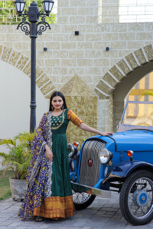 Jyoti Fashion Women's Green Silk Jacquard Weaving with Embroidery Work Anarkali Dress with Dupatta | Swadesiicart