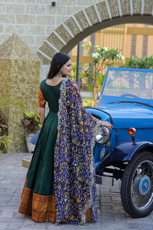 Jyoti Fashion Women's Green Silk Jacquard Weaving with Embroidery Work Anarkali Dress with Dupatta | Swadesiicart
