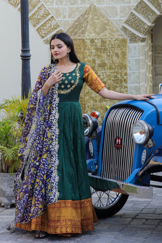 Jyoti Fashion Women's Green Silk Jacquard Weaving with Embroidery Work Anarkali Dress with Dupatta | Swadesiicart
