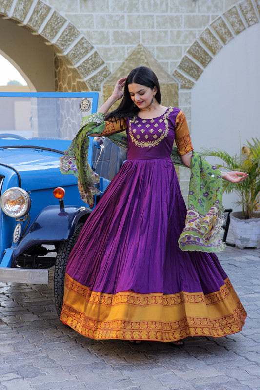 Jyoti Fashion Women's Purple Silk Jacquard Weaving with Embroidery Work Anarkali Dress with Dupatta | Swadesiicart