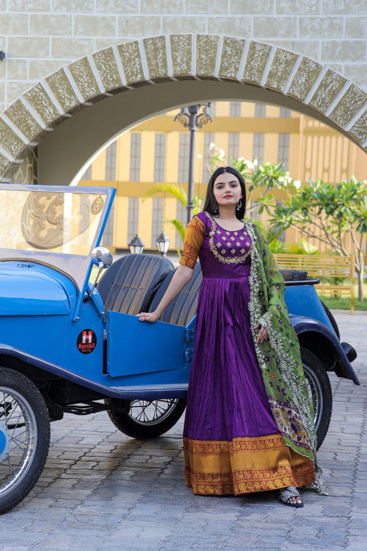 Jyoti Fashion Women's Purple Silk Jacquard Weaving with Embroidery Work Anarkali Dress with Dupatta | Swadesiicart
