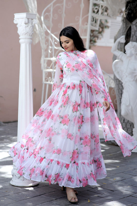 Jyoti Fashion Women's Pink Faux Georgette Floral Digital Printed Anarkali Dress with Dupatta | Swadesiicart