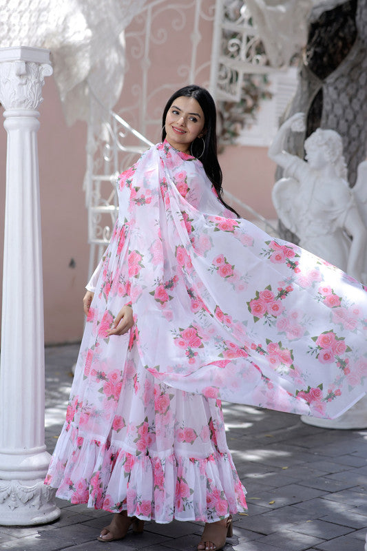 Jyoti Fashion Women's Pink Faux Georgette Floral Digital Printed Anarkali Dress with Dupatta | Swadesiicart