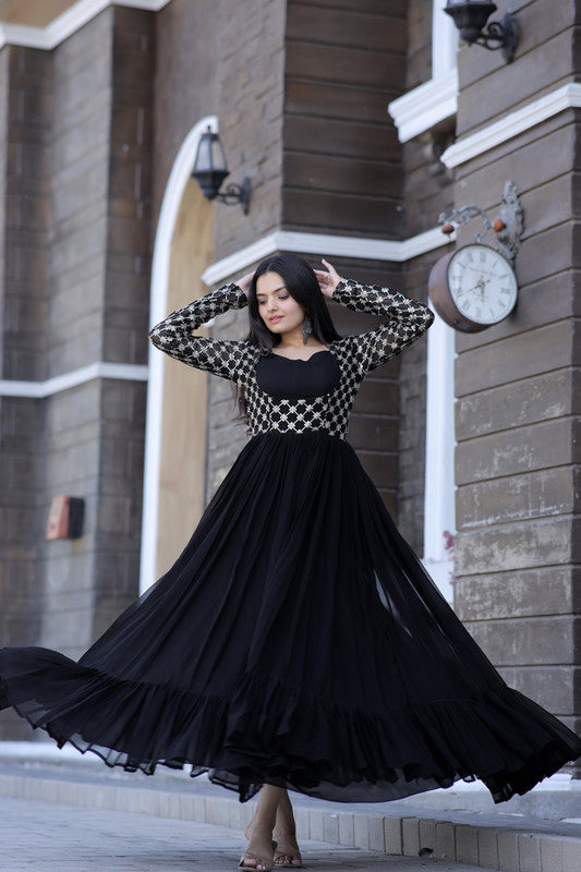 Jyoti Fashion Women's Black Faux Blooming Sequins with Zari Embroidered Anarkali Dress | Swadesiicart