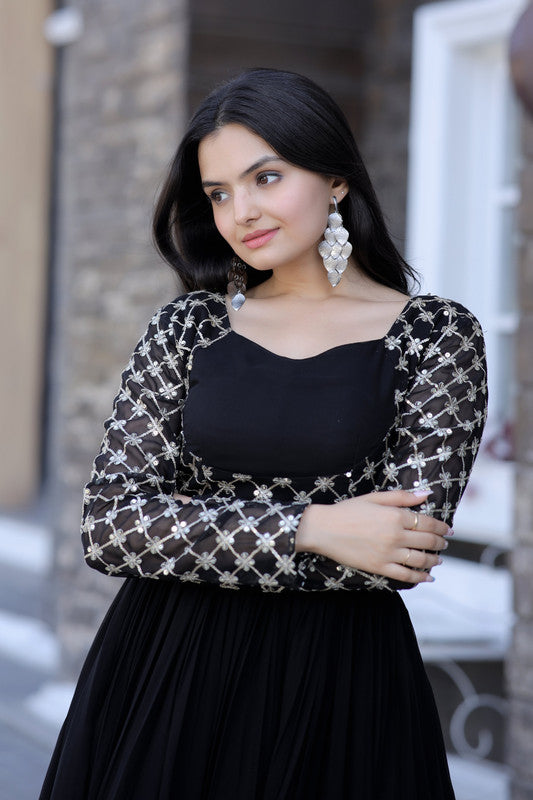 Jyoti Fashion Women's Black Faux Blooming Sequins with Zari Embroidered Anarkali Dress | Swadesiicart