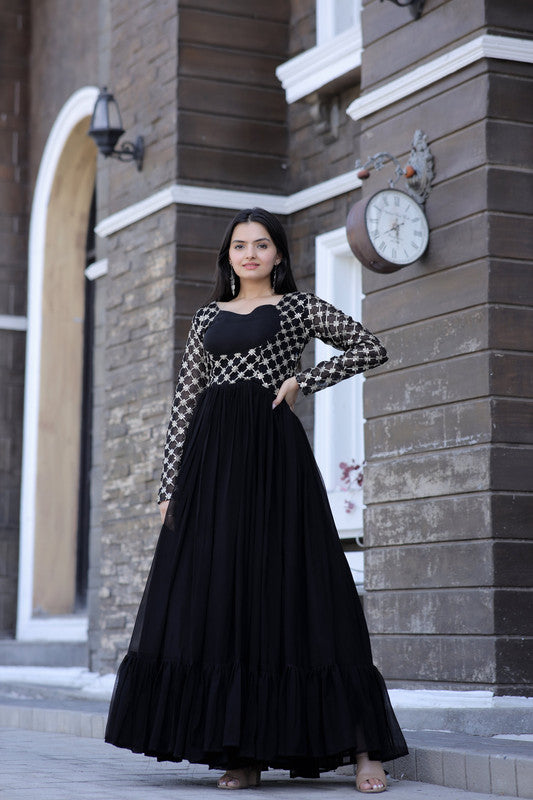 Jyoti Fashion Women's Black Faux Blooming Sequins with Zari Embroidered Anarkali Dress | Swadesiicart