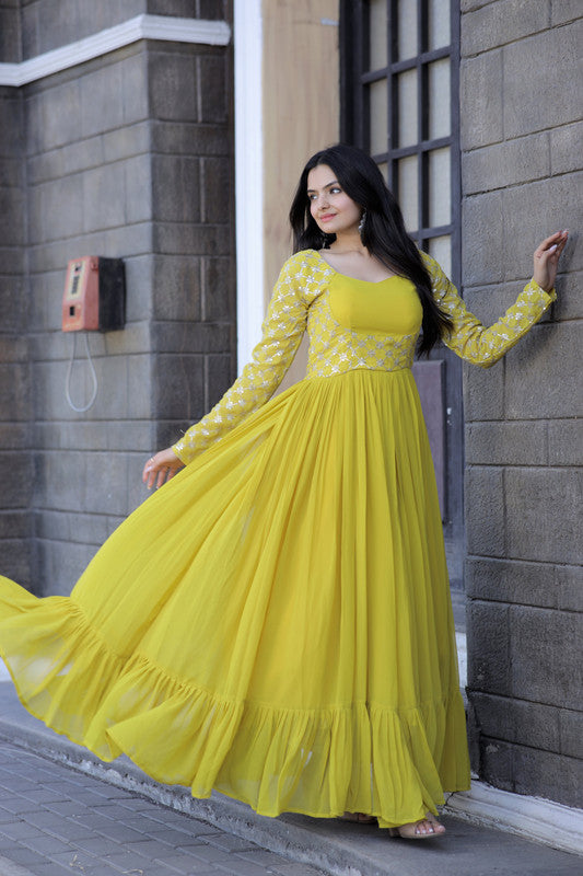 Jyoti Fashion Women's Yellow Faux Blooming Sequins with Zari Embroidered Anarkali Dress | Swadesiicart