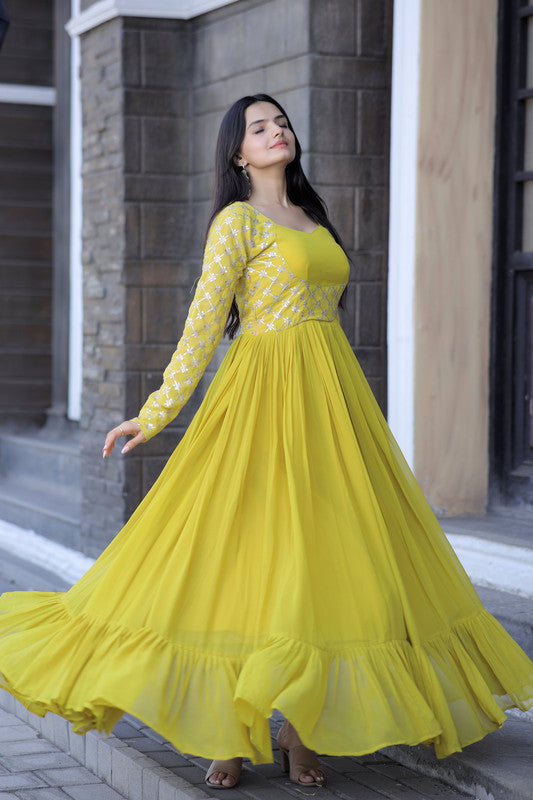Jyoti Fashion Women's Yellow Faux Blooming Sequins with Zari Embroidered Anarkali Dress | Swadesiicart