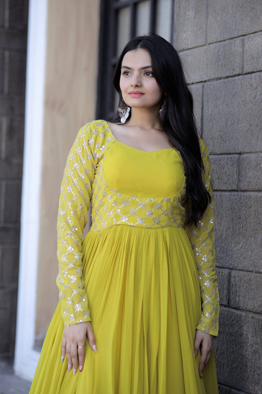 Jyoti Fashion Women's Yellow Faux Blooming Sequins with Zari Embroidered Anarkali Dress | Swadesiicart