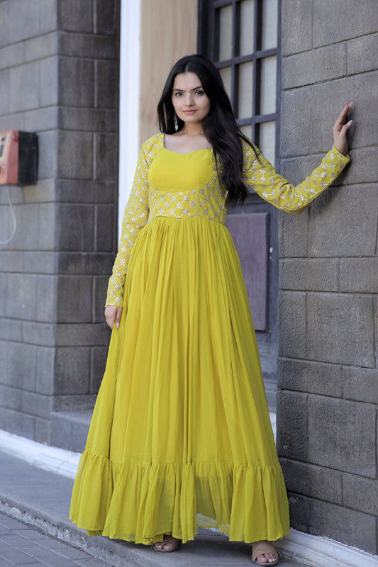 Jyoti Fashion Women's Yellow Faux Blooming Sequins with Zari Embroidered Anarkali Dress | Swadesiicart