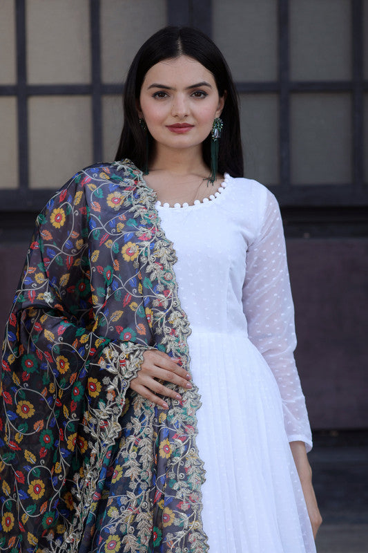 Jyoti Fashion Women's White Georgette Butti work Partywear Anarkali Dress with Dupatta | Swadesiicart