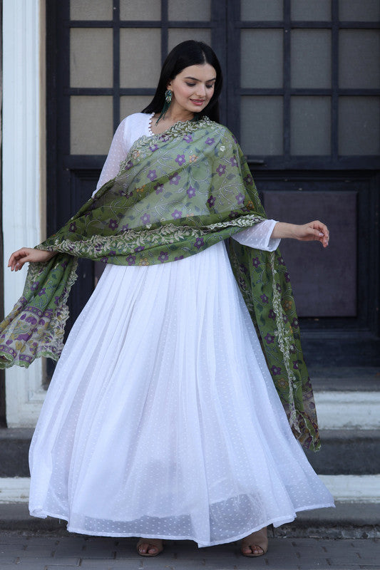 Jyoti Fashion Women's White Georgette Butti work Partywear Anarkali Dress with Dupatta | Swadesiicart