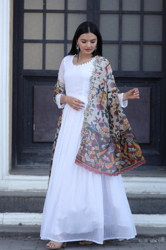 Jyoti Fashion Women's White Georgette Butti work Partywear Anarkali Dress with Dupatta | Swadesiicart