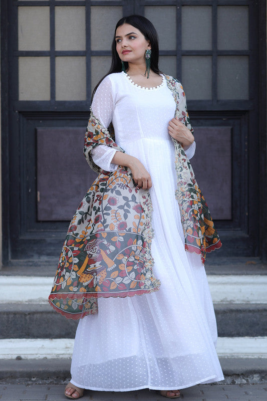 Jyoti Fashion Women's White Georgette Butti work Partywear Anarkali Dress with Dupatta | Swadesiicart