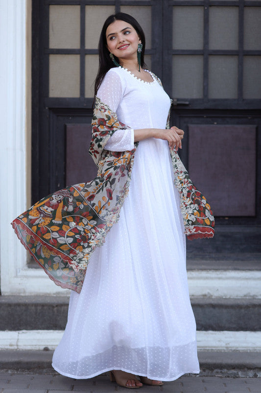 Jyoti Fashion Women's White Georgette Butti work Partywear Anarkali Dress with Dupatta | Swadesiicart