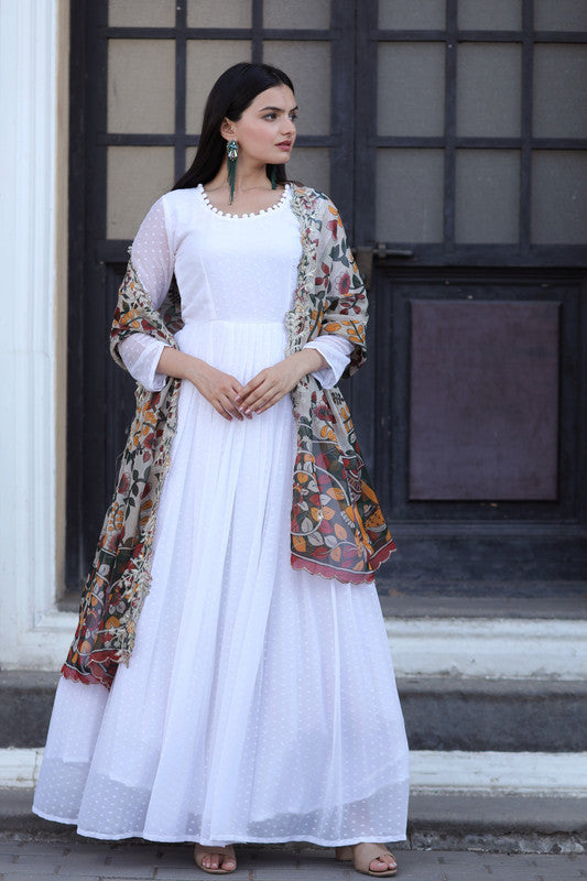 Jyoti Fashion Women's White Georgette Butti work Partywear Anarkali Dress with Dupatta | Swadesiicart