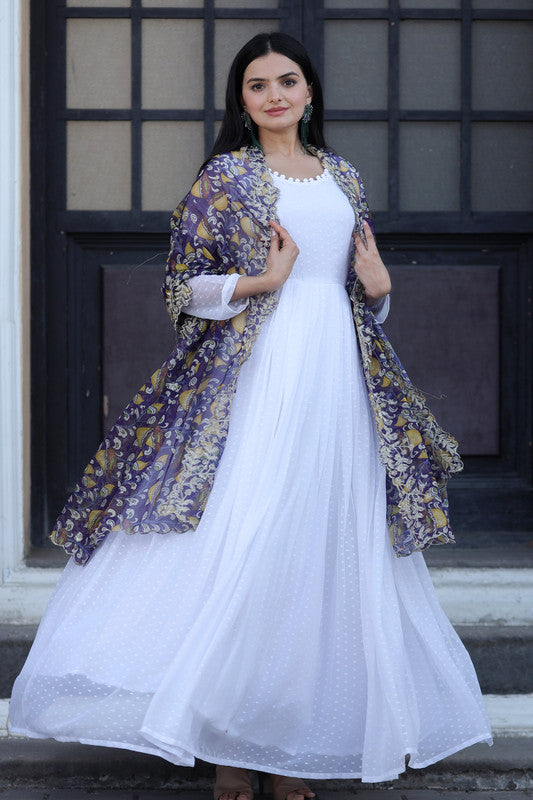 Jyoti Fashion Women's White Georgette Butti work Partywear Anarkali Dress with Dupatta | Swadesiicart