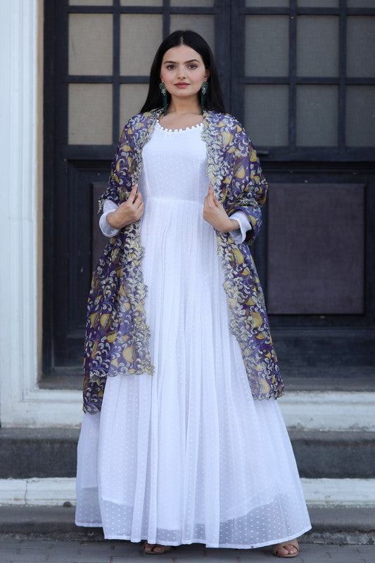 Jyoti Fashion Women's White Georgette Butti work Partywear Anarkali Dress with Dupatta | Swadesiicart