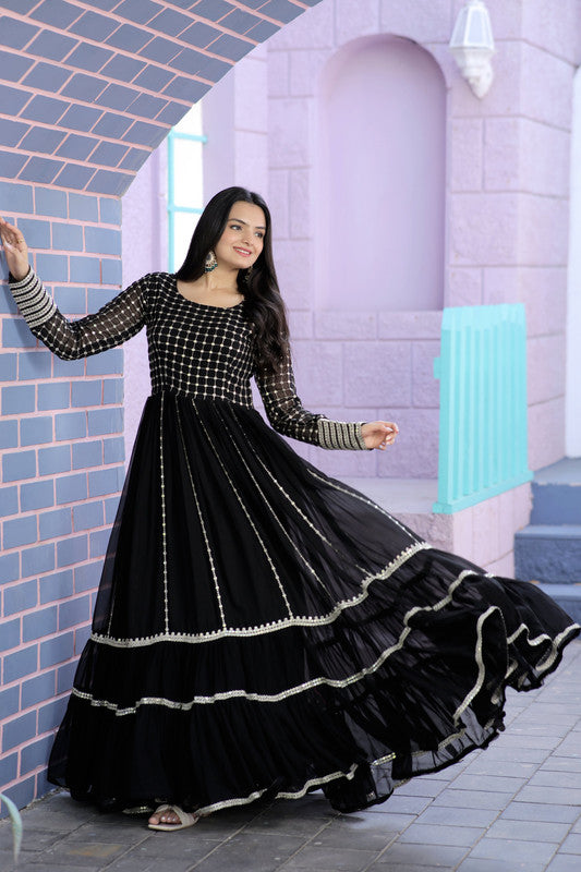 Jyoti Fashion Women's Black Faux Blooming Sequins with Zari Embroidered Anarkali Dress | Swadesiicart