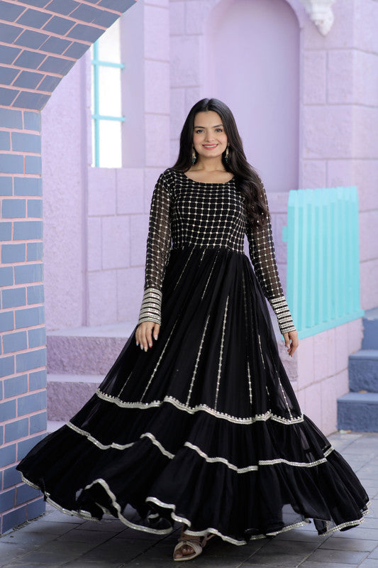 Jyoti Fashion Women's Black Faux Blooming Sequins with Zari Embroidered Anarkali Dress | Swadesiicart