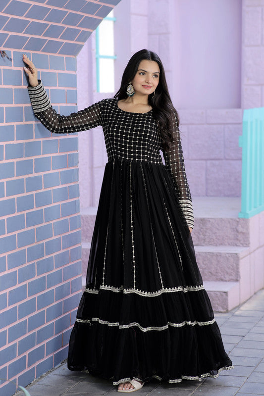 Jyoti Fashion Women's Black Faux Blooming Sequins with Zari Embroidered Anarkali Dress | Swadesiicart