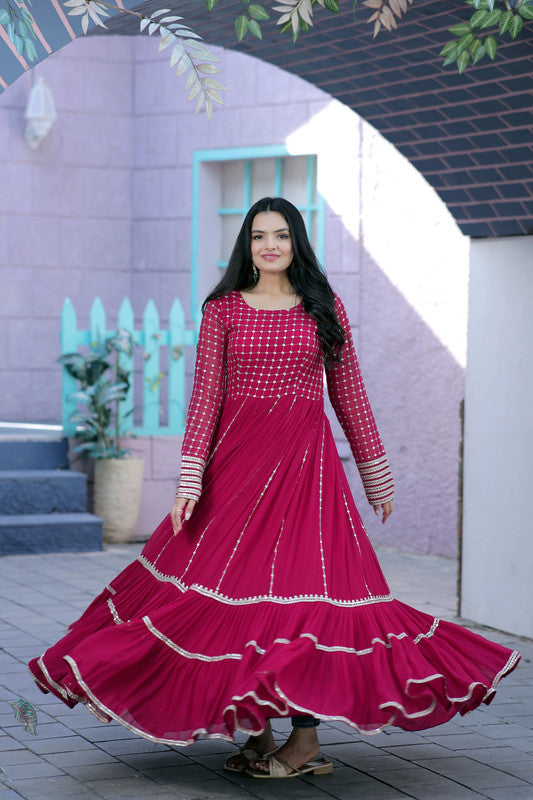 Jyoti Fashion Women's Rani Pink Faux Blooming Sequins with Zari Embroidered Anarkali Dress | Swadesiicart