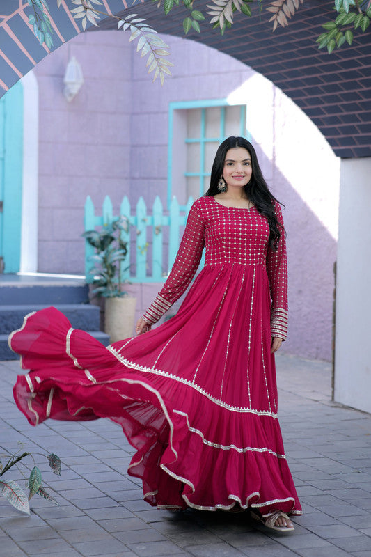 Jyoti Fashion Women's Rani Pink Faux Blooming Sequins with Zari Embroidered Anarkali Dress | Swadesiicart