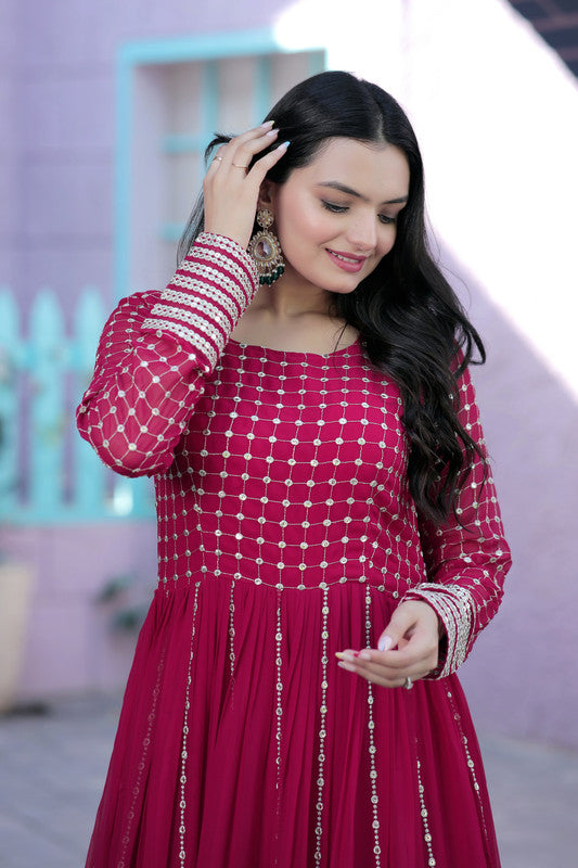 Jyoti Fashion Women's Rani Pink Faux Blooming Sequins with Zari Embroidered Anarkali Dress | Swadesiicart