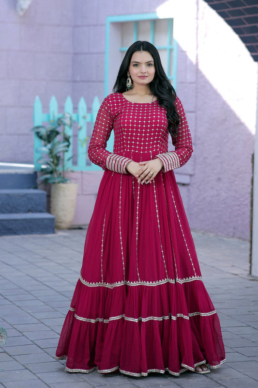 Jyoti Fashion Women's Rani Pink Faux Blooming Sequins with Zari Embroidered Anarkali Dress | Swadesiicart