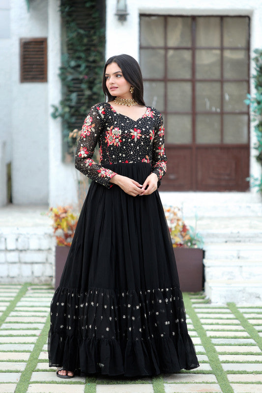 Jyoti Fashion Women's Black Faux Blooming Sequins with Multi Thread Embroidered Anarkali Dress | Swadesiicart