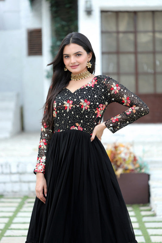 Jyoti Fashion Women's Black Faux Blooming Sequins with Multi Thread Embroidered Anarkali Dress | Swadesiicart
