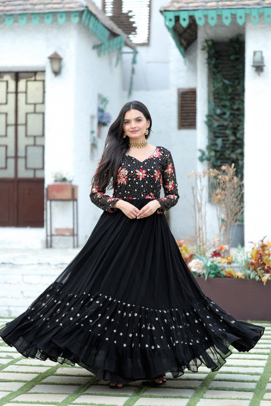 Jyoti Fashion Women's Black Faux Blooming Sequins with Multi Thread Embroidered Anarkali Dress | Swadesiicart