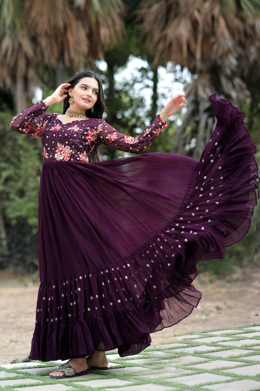 Jyoti Fashion Women's Wine Faux Blooming Sequins with Multi Thread Embroidered Anarkali Dress | Swadesiicart