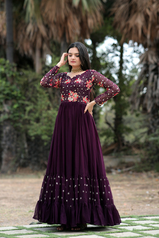 Jyoti Fashion Women's Wine Faux Blooming Sequins with Multi Thread Embroidered Anarkali Dress | Swadesiicart