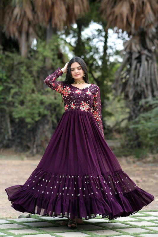 Jyoti Fashion Women's Wine Faux Blooming Sequins with Multi Thread Embroidered Anarkali Dress | Swadesiicart