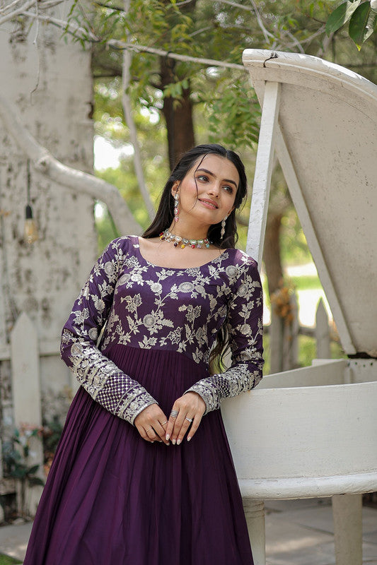 Jyoti Fashion Women's Wine Faux Blooming Jacquard with Sequins Embroidered Anarkali Dress | Swadesiicart