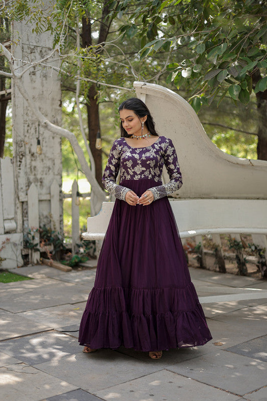 Jyoti Fashion Women's Wine Faux Blooming Jacquard with Sequins Embroidered Anarkali Dress | Swadesiicart