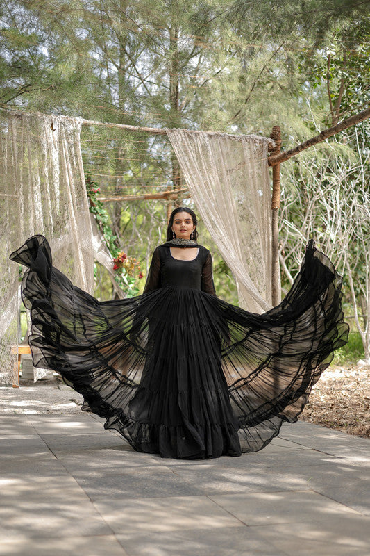 Jyoti Fashion Women's Black Faux Georgette 5 Layer Frill Anarkali Dress with Dupatta | Swadesiicart