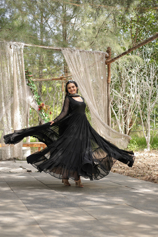 Jyoti Fashion Women's Black Faux Georgette 5 Layer Frill Anarkali Dress with Dupatta | Swadesiicart