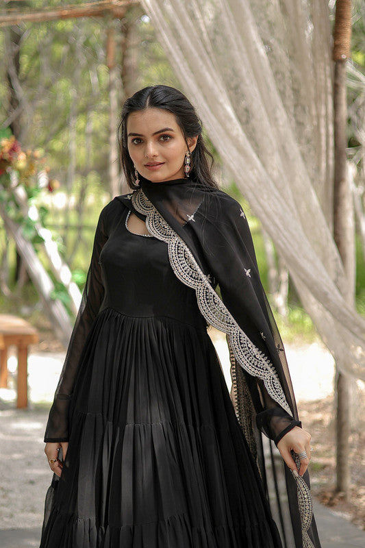 Jyoti Fashion Women's Black Faux Georgette 5 Layer Frill Anarkali Dress with Dupatta | Swadesiicart