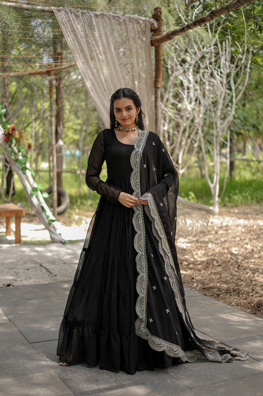 Jyoti Fashion Women's Black Faux Georgette 5 Layer Frill Anarkali Dress with Dupatta | Swadesiicart